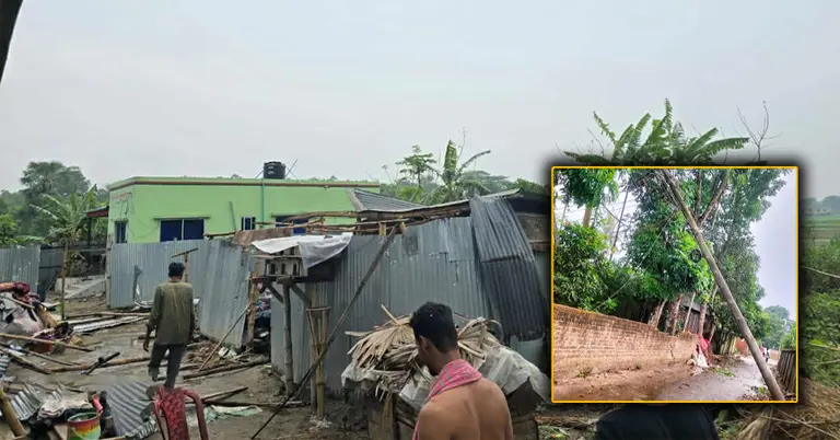 ঝড়ে ক্ষতিগ্রস্ত ঘর ও উপড়ে যাওয়া বিদ্যুতের খুঁটি